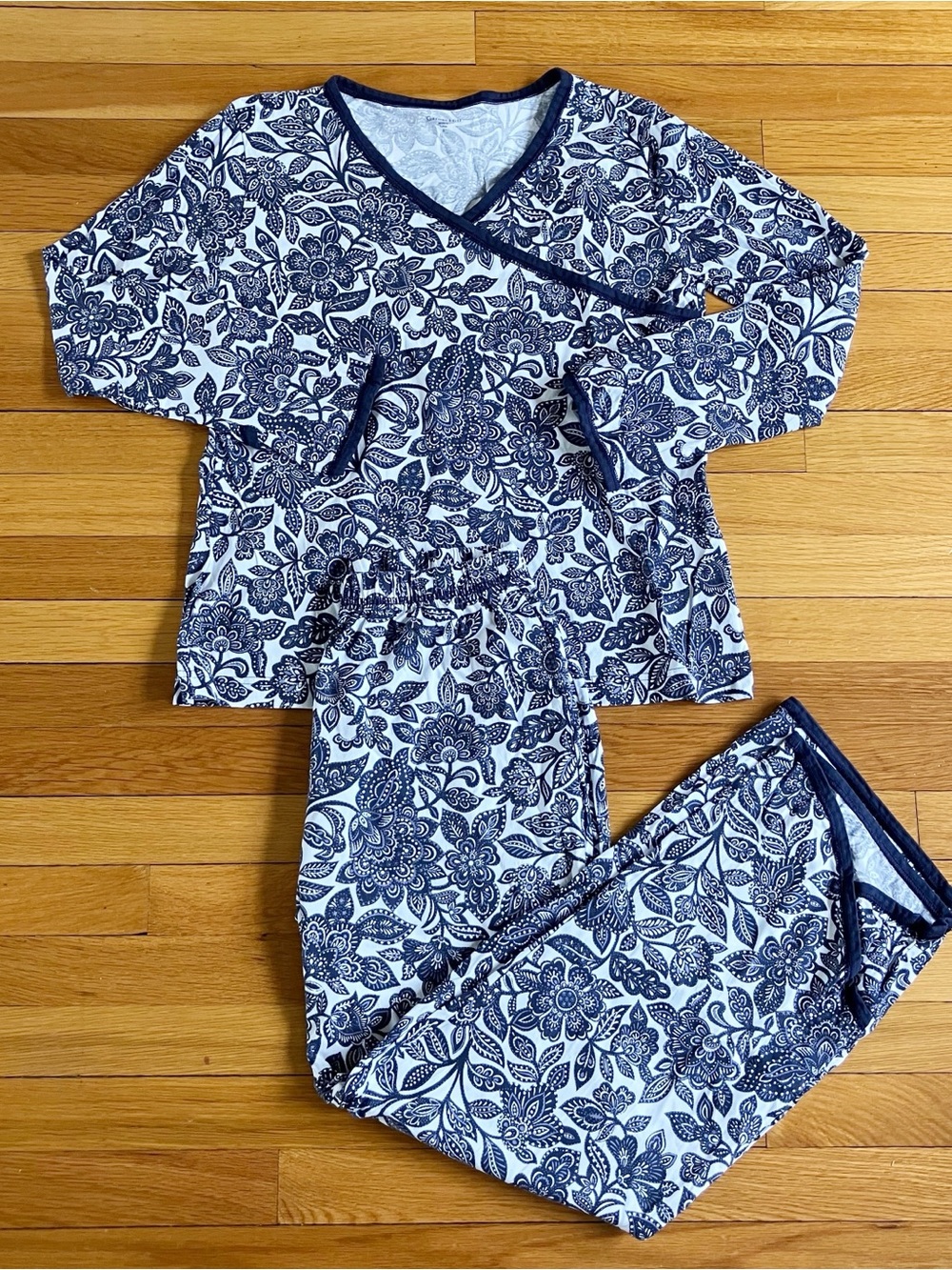 Garnet Hill Navy White Floral Organic Cotton Lightweight Soft Pajama Set Small